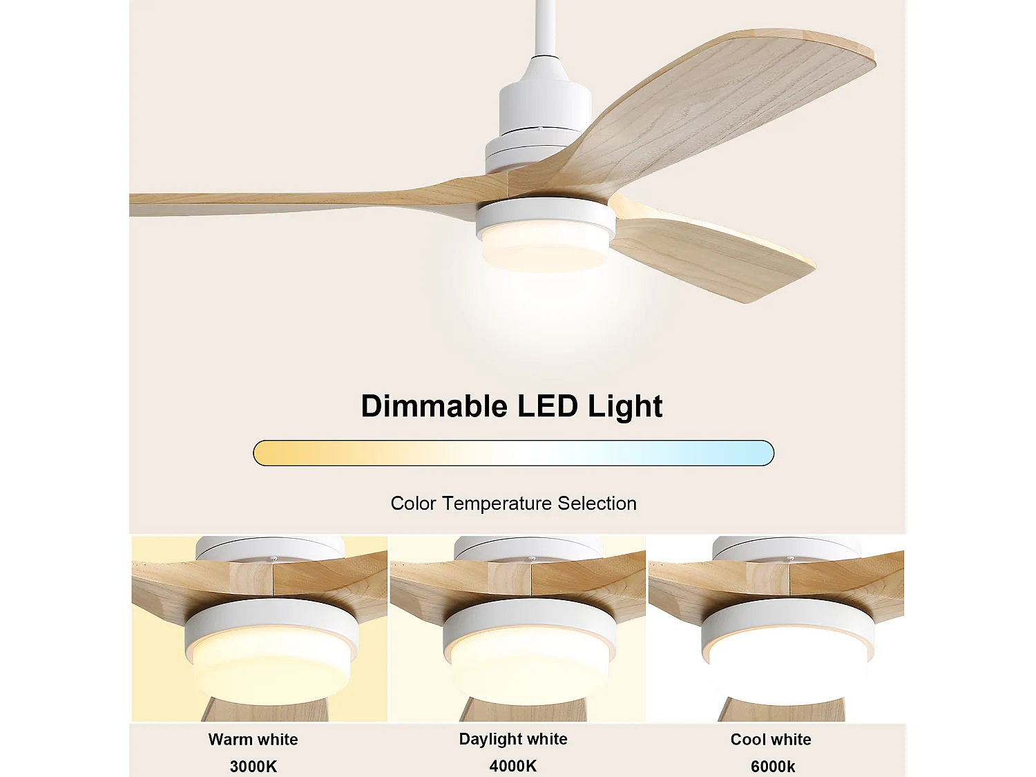 Ventilateur de Plafond avec Lumière LED 132cm, 52" - Moteur DC Ultra-Silencieux, 3 Pales en Bois, Télécommande, Réversible, Dimmable - Naturel
