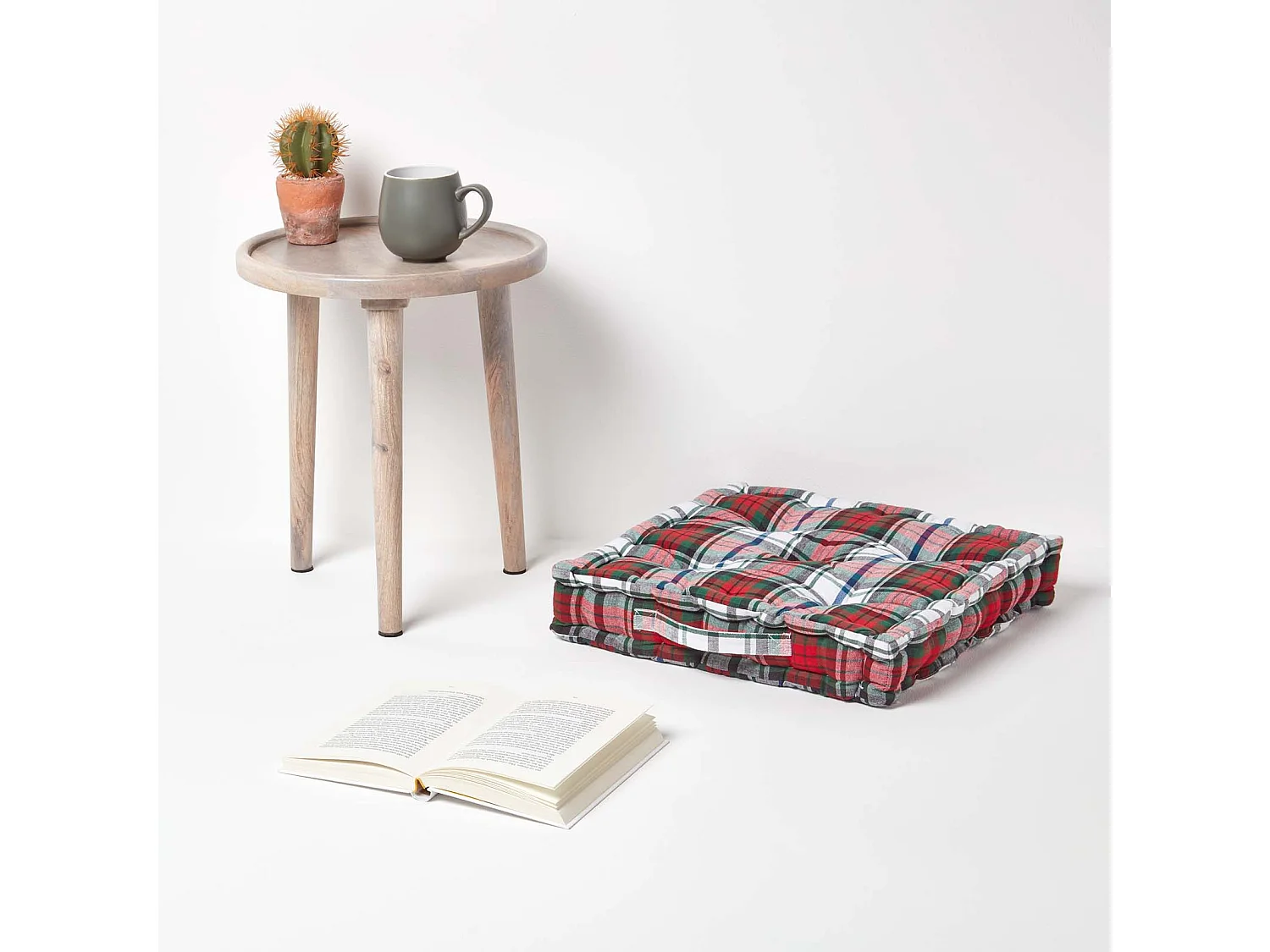 Homescapes 100% Cotton Tartan Floor Cushion, 50 x 50 x 10 cm, Red, OEKO-TEX Certified, Handcrafted, 20 x 20 x 4"