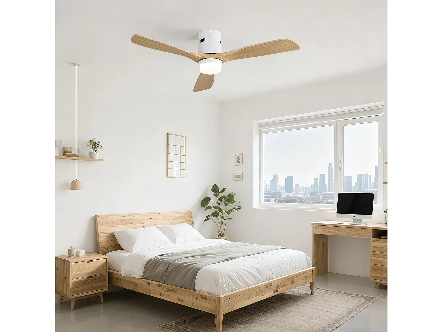 Ventilateur de Plafond Design 132cm, 52" avec LED - Moteur DC Ultra-Silencieux,Télécommande, Réversible, Dimmable - Blanc Mat