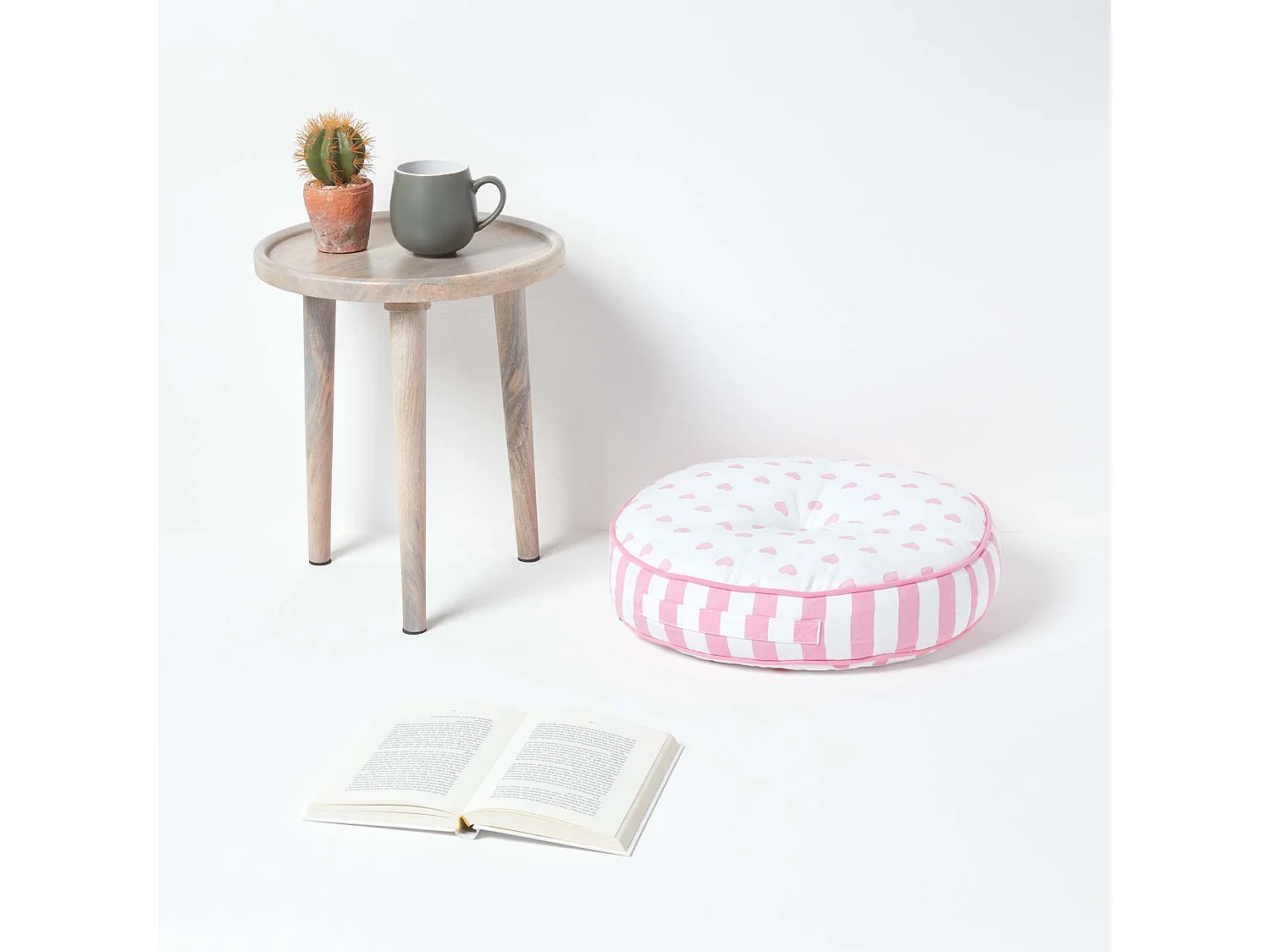Homescapes 100% Cotton Stripe Round Floor Cushion, 43 x 7 cm, Pink, White, OEKO-TEX Certified, Handcrafted, 17 x 3"