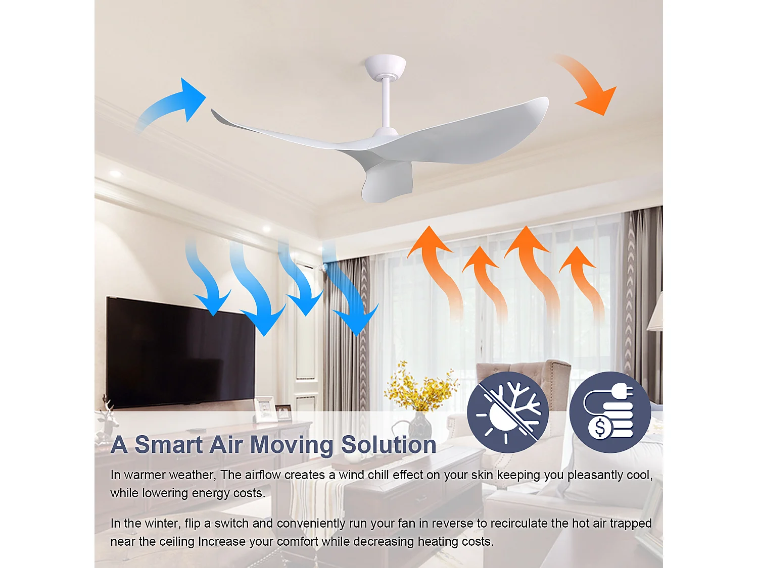Ventilateur de Plafond Design 132cm, 52" - Moteur DC Ultra-Silencieux,Télécommande, Réversible, Sans Lumière - Blanc Mat