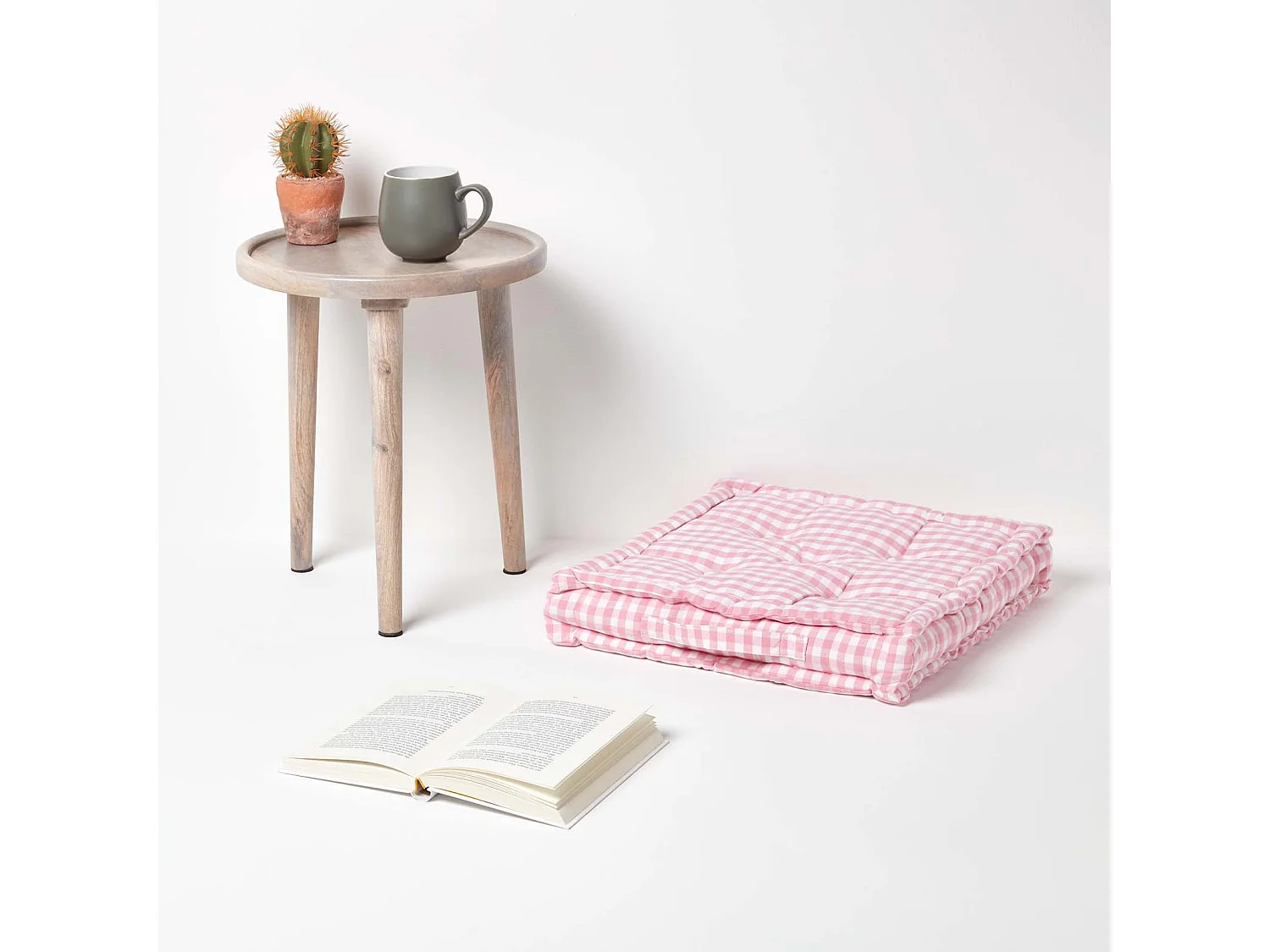 Homescapes 100% Cotton Gingham Floor Cushion, 40 x 40 x 8 cm, Pink, Block Check, OEKO-TEX Certified, Handcrafted, 16 x 16 x 3"