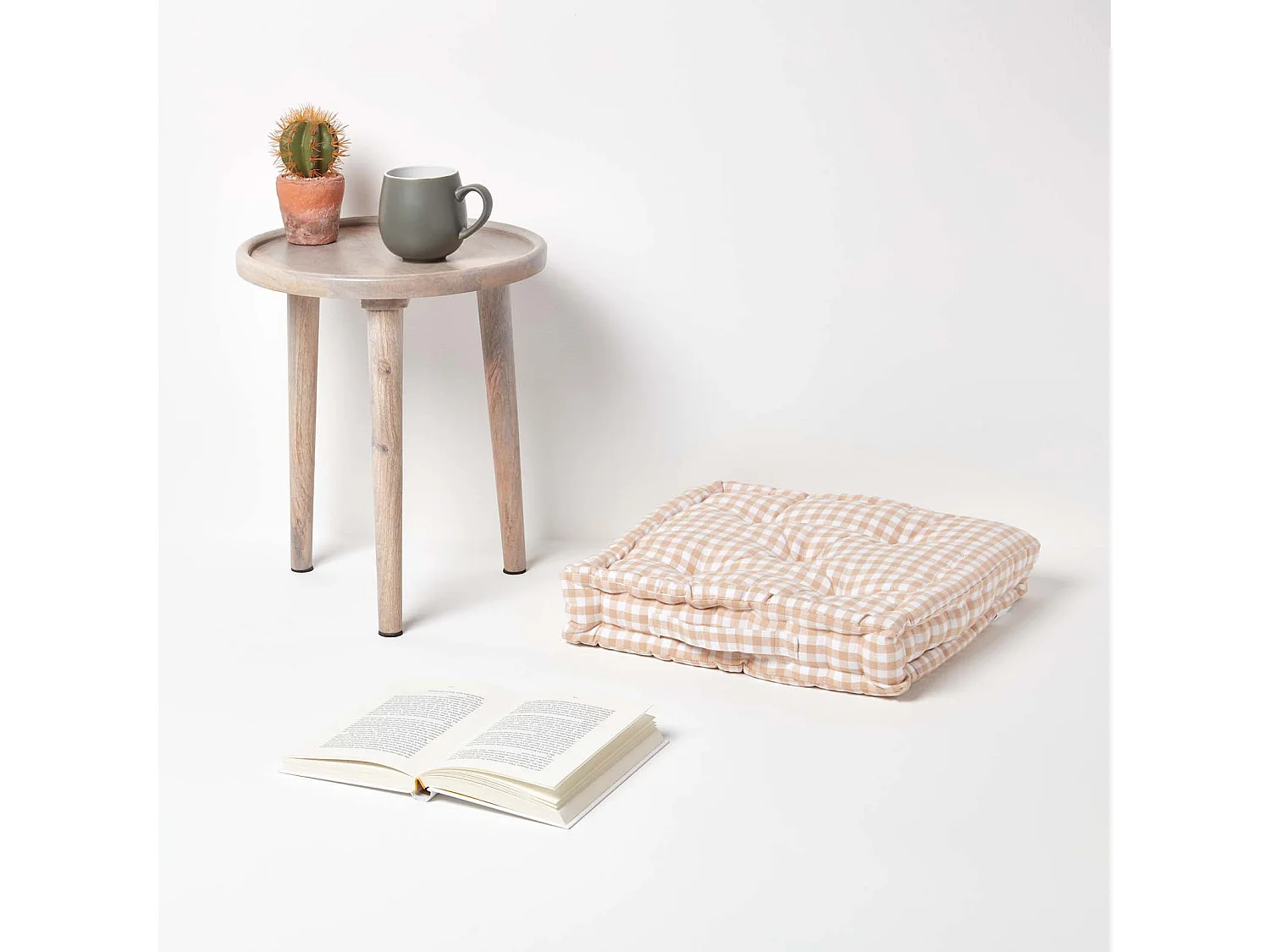 Homescapes 100% Cotton Gingham Floor Cushion, 50 x 50 x 10 cm, Beige, Block Check, OEKO-TEX Certified, Handcrafted, 20 x 20 x 4"
