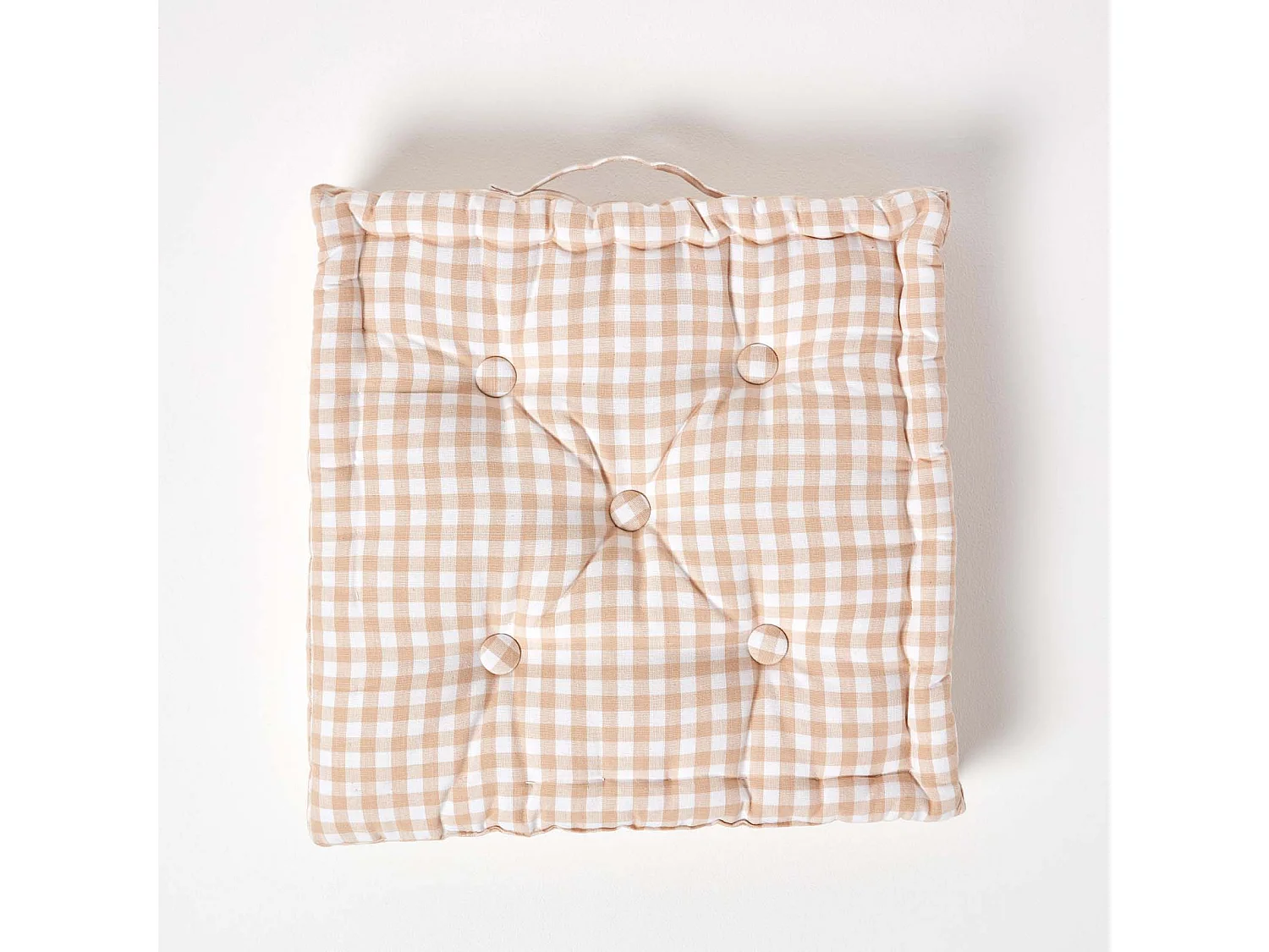 Homescapes 100% Cotton Gingham Floor Cushion, 50 x 50 x 10 cm, Beige, Block Check, OEKO-TEX Certified, Handcrafted, 20 x 20 x 4"