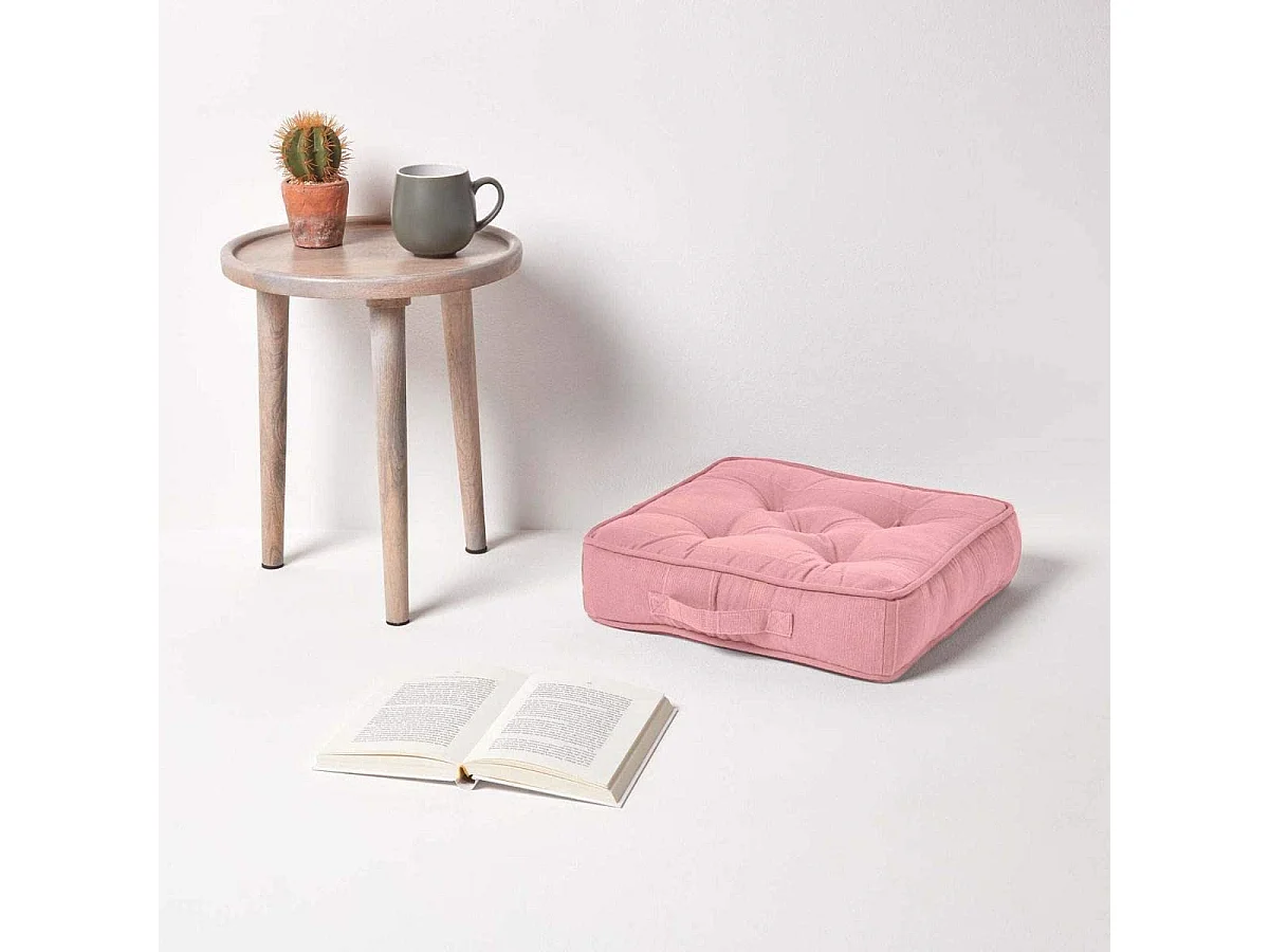 Homescapes 100% Cotton Rajput Floor Cushion, 40 x 40 x 8 cm, Pink, OEKO-TEX Certified, Handcrafted, 16 x 16 x 3"