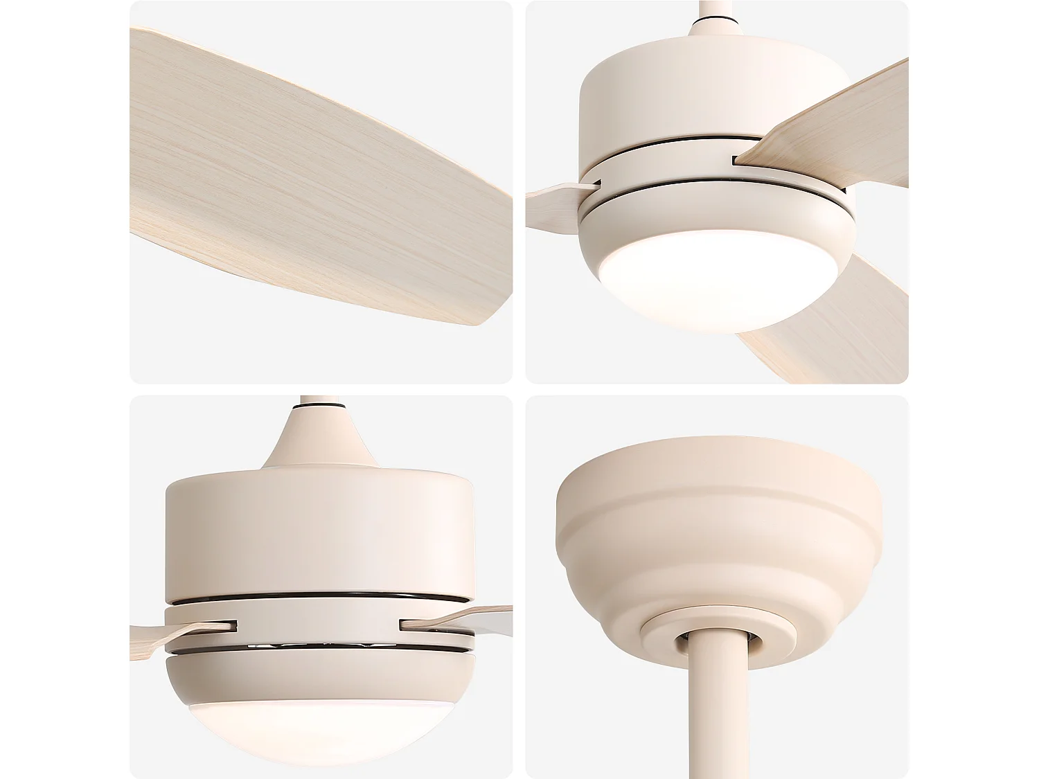 Ventilateur de Plafond avec Lumière LED 117cm, 46" - Moteur DC Ultra-Silencieux, 3 Pales en ABS, 2 Tiges, Télécommande, Réversible, Dimmable - Blanc Cassé