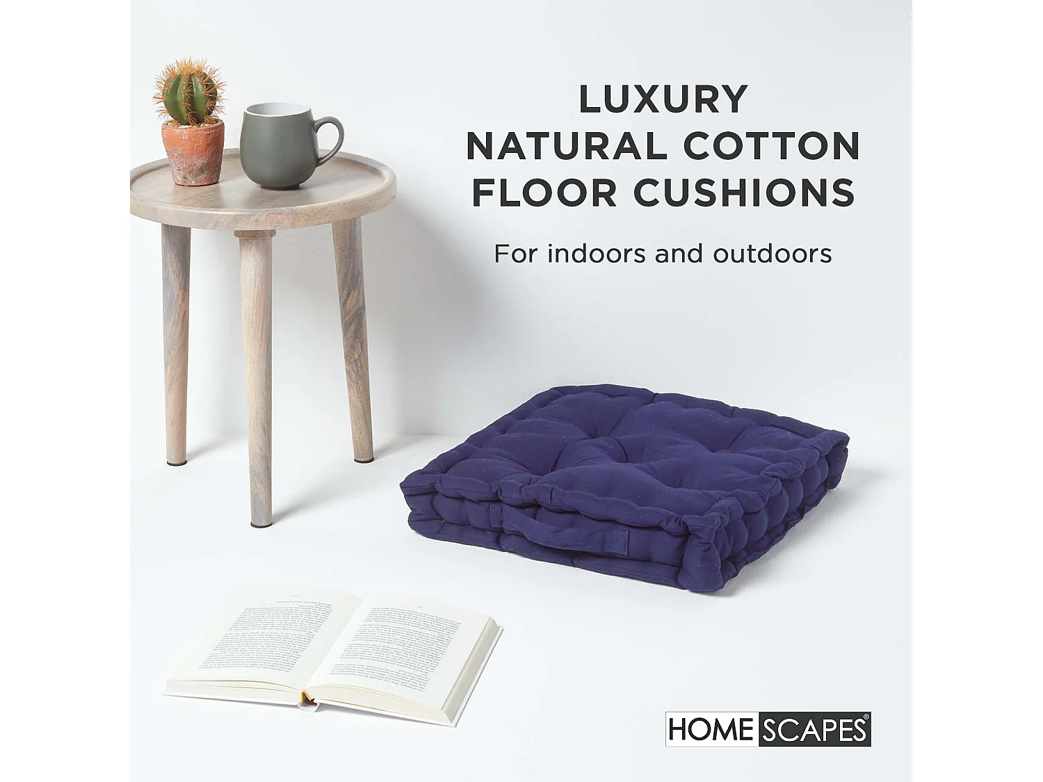Homescapes 100% Cotton Plain Floor Cushion, 50 x 50 x 10 cm, Navy Blue, OEKO-TEX Certified, Handcrafted, 20 x 20 x 4"