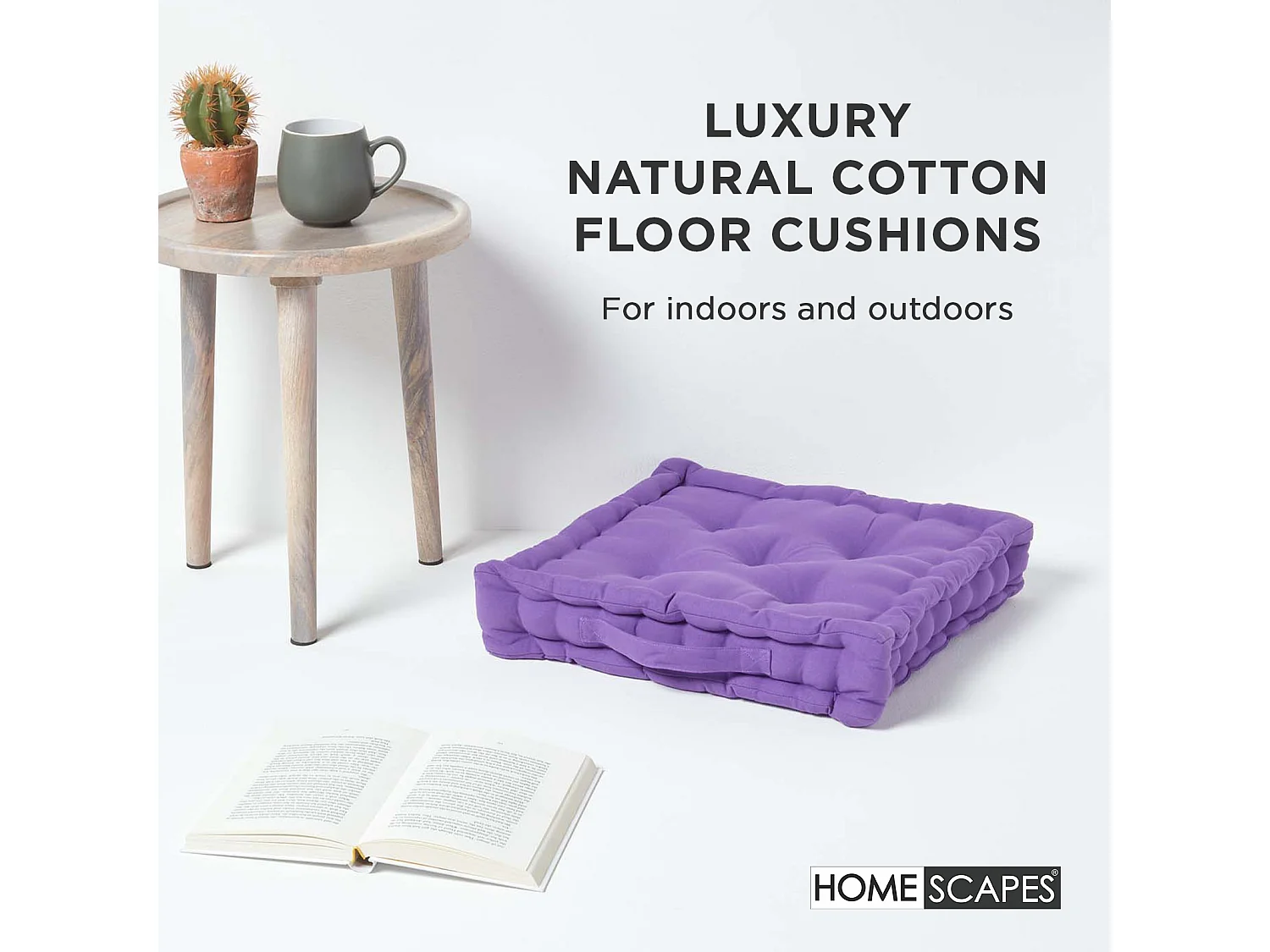 Homescapes 100% Cotton Plain Floor Cushion, 40 x 40 x 8 cm, Purple, OEKO-TEX Certified, Handcrafted, 16 x 16 x 3"