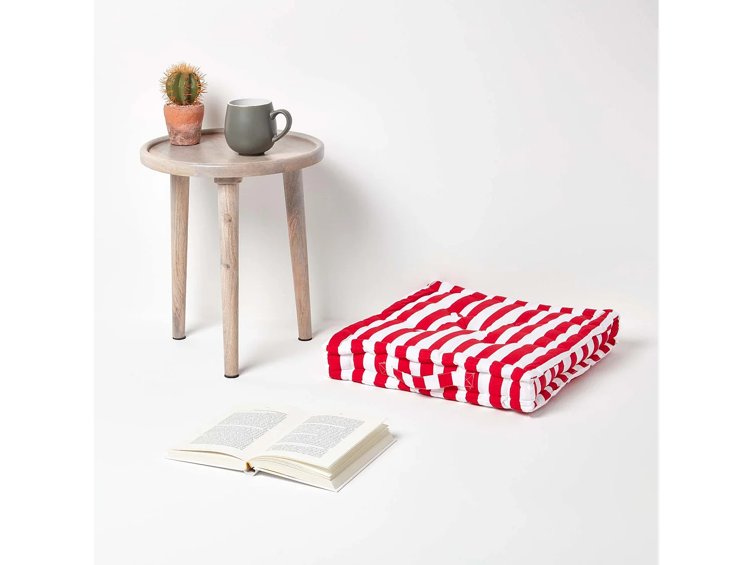 Homescapes 100% Cotton Stripe Floor Cushion, 40 x 40 x 8 cm, Red, OEKO-TEX Certified, Handcrafted, 16 x 16 x 3"