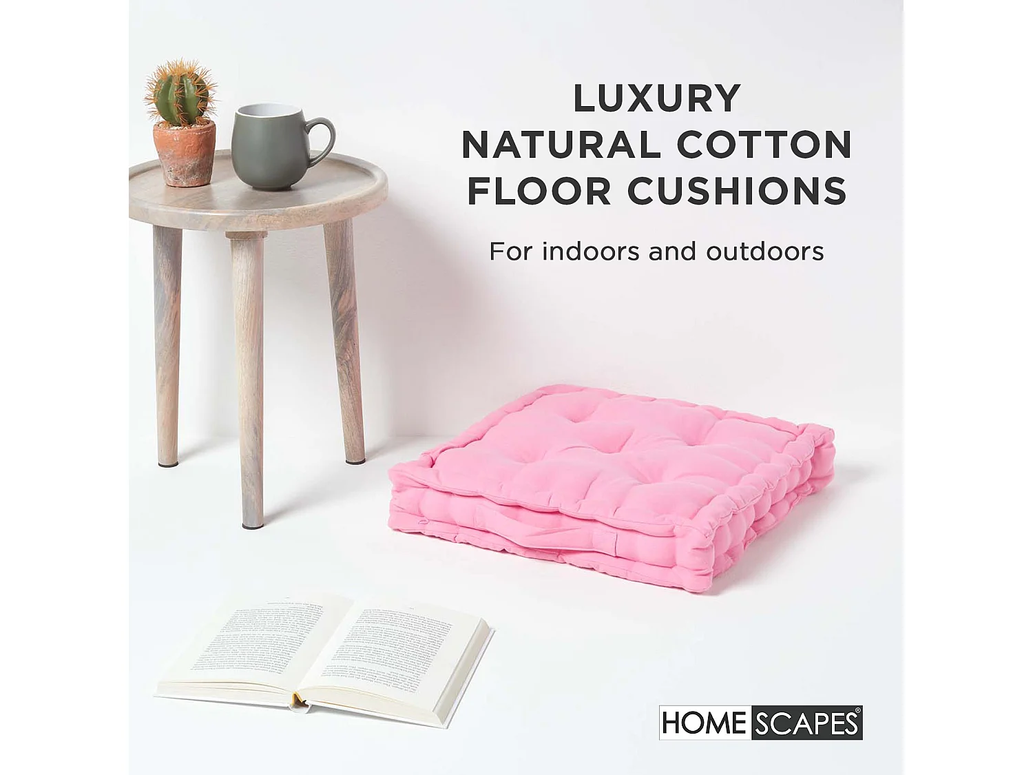 Homescapes 100% Cotton Plain Floor Cushion, 50 x 50 x 10 cm, Pink, OEKO-TEX Certified, Handcrafted, 20 x 20 x 4"