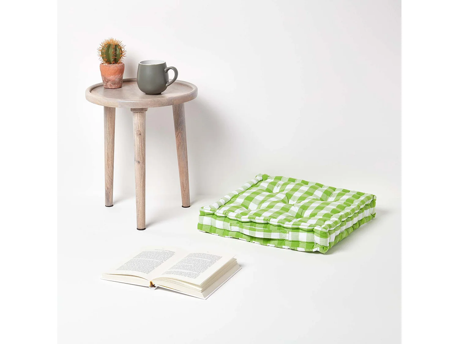 Homescapes 100% Cotton Gingham Floor Cushion, 50 x 50 x 10 cm, Green, Block Check, OEKO-TEX Certified, Handcrafted, 20 x 20 x 4"