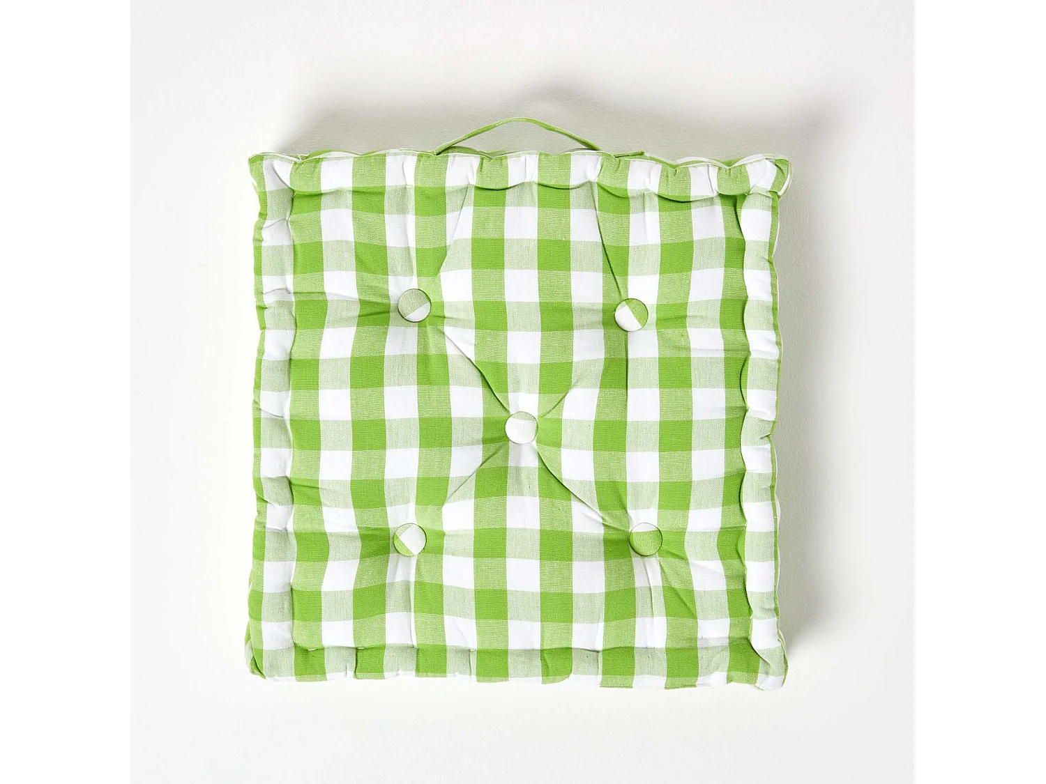 Homescapes 100% Cotton Gingham Floor Cushion, 50 x 50 x 10 cm, Green, Block Check, OEKO-TEX Certified, Handcrafted, 20 x 20 x 4"
