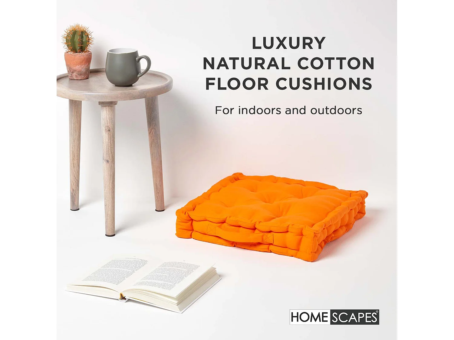 Homescapes 100% Cotton Plain Floor Cushion, 50 x 50 x 10 cm, Orange, OEKO-TEX Certified, Handcrafted, 20 x 20 x 4"