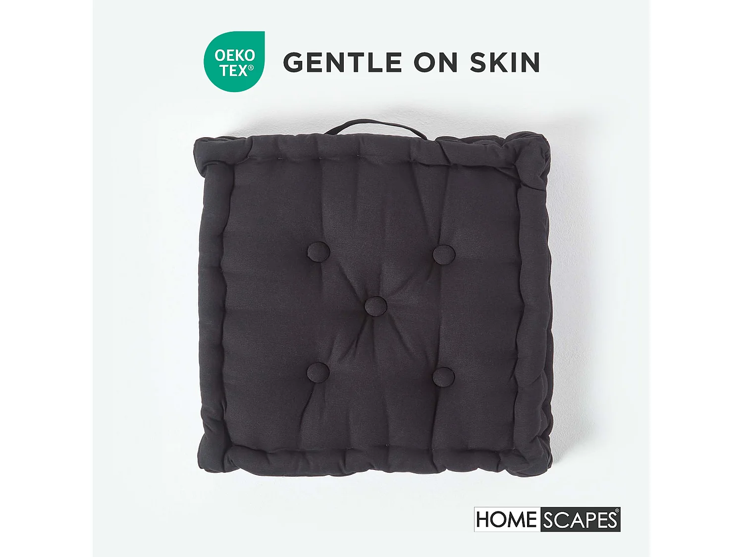 Homescapes 100% Cotton Plain Floor Cushion, 40 x 40 x 8 cm, Black, OEKO-TEX Certified, Handcrafted, 16 x 16 x 3"