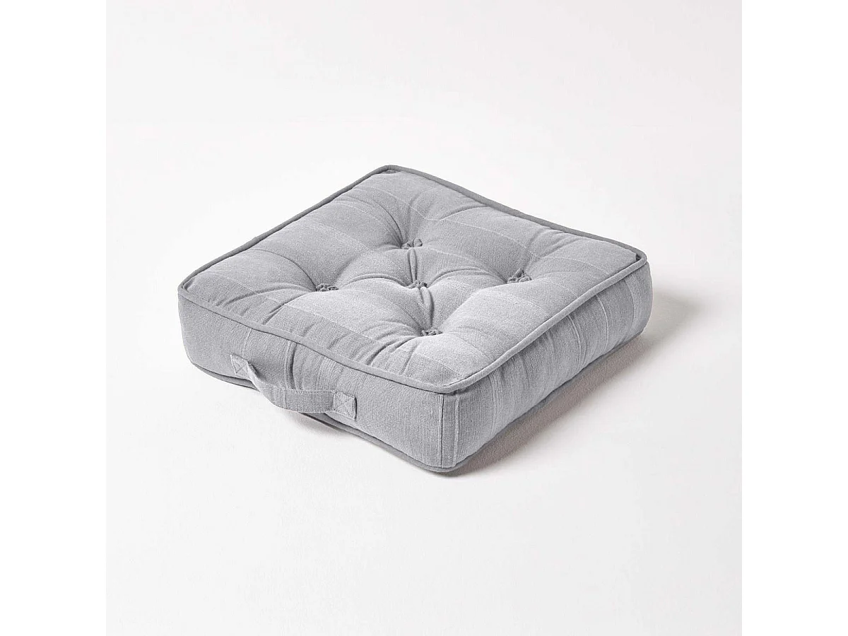 Homescapes 100% Cotton Rajput Floor Cushion, 40 x 40 x 8 cm, Silver Grey, OEKO-TEX Certified, Handcrafted, 16 x 16 x 3"