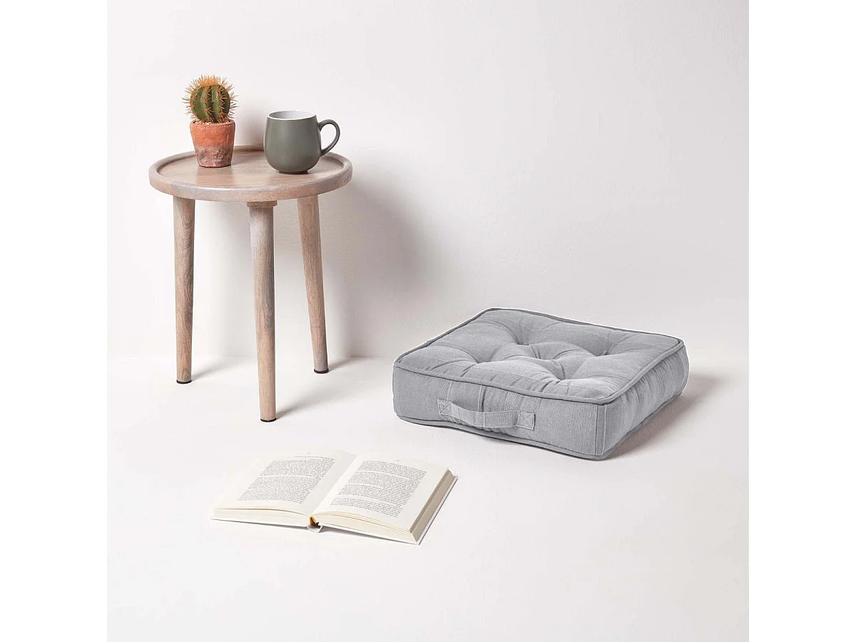 Homescapes 100% Cotton Rajput Floor Cushion, 40 x 40 x 8 cm, Silver Grey, OEKO-TEX Certified, Handcrafted, 16 x 16 x 3"