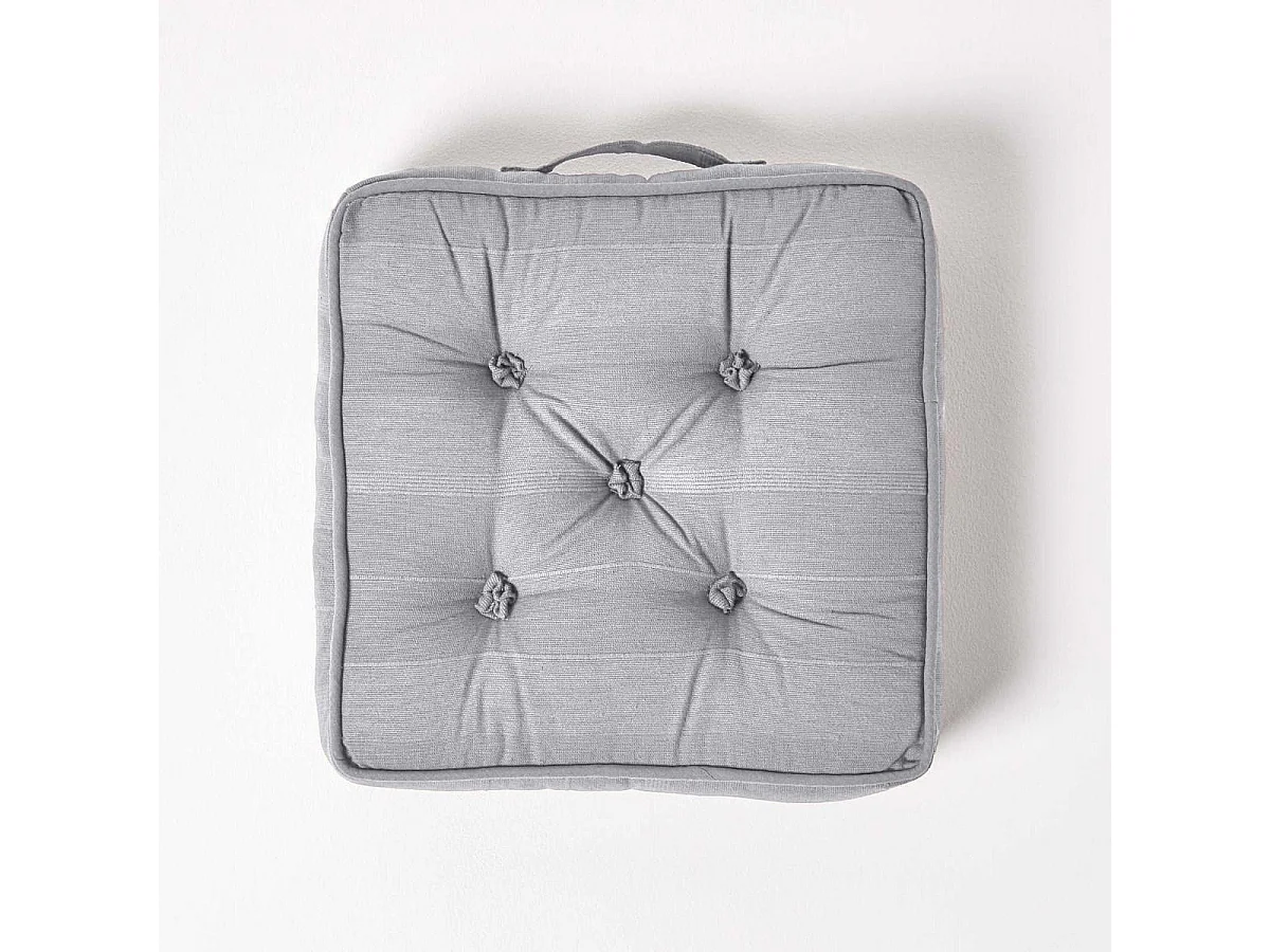Homescapes 100% Cotton Rajput Floor Cushion, 40 x 40 x 8 cm, Silver Grey, OEKO-TEX Certified, Handcrafted, 16 x 16 x 3"