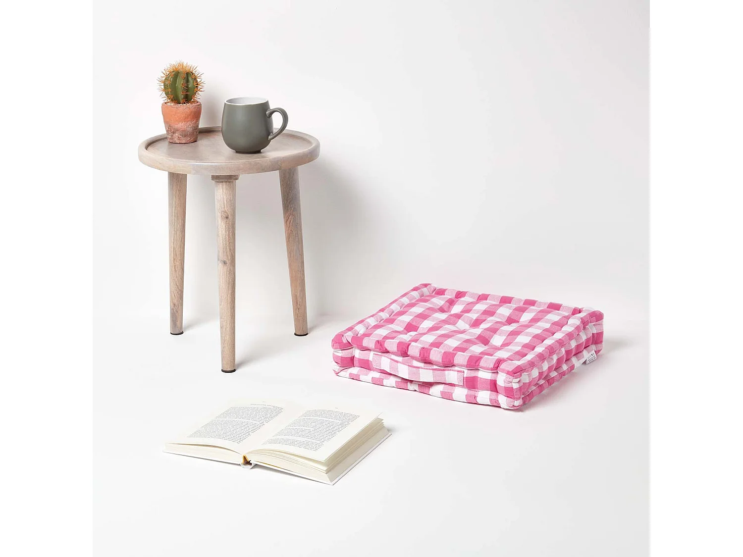 Homescapes 100% Cotton Gingham Floor Cushion, 50 x 50 x 10 cm, Pink, Block Check, OEKO-TEX Certified, Handcrafted, 20 x 20 x 4"