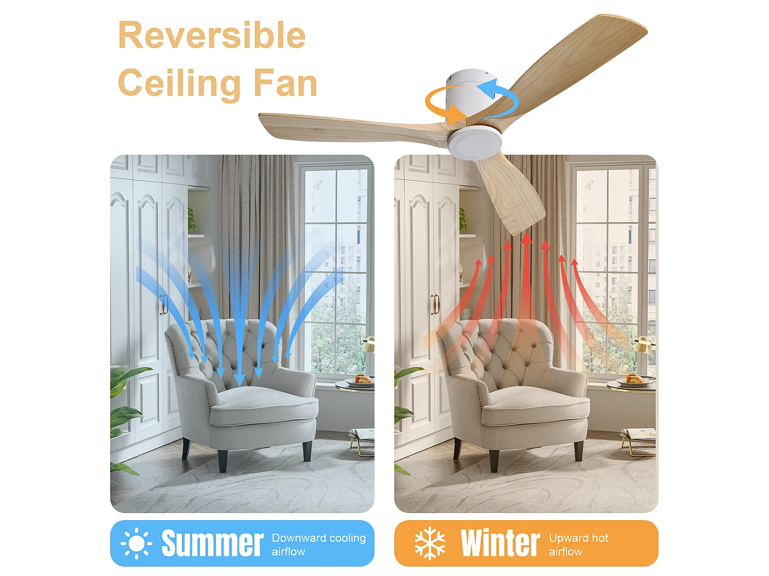 Ventilateur de Plafond Design 132cm, 52" - Moteur DC Ultra-Silencieux, 3 Pales en Bois Massif, Télécommande, Réversible, Sans Lumière - Blanc