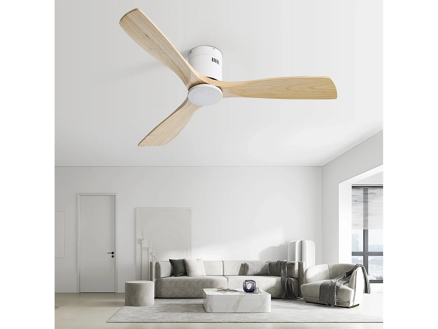 Ventilateur de Plafond Design 132cm, 52" - Moteur DC Ultra-Silencieux, 3 Pales en Bois Massif, Télécommande, Réversible, Sans Lumière - Blanc