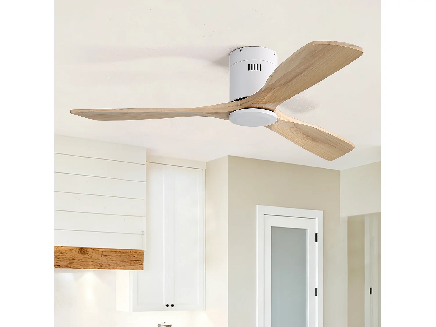Ventilateur de Plafond Design 132cm, 52" - Moteur DC Ultra-Silencieux, 3 Pales en Bois Massif, Télécommande, Réversible, Sans Lumière - Blanc
