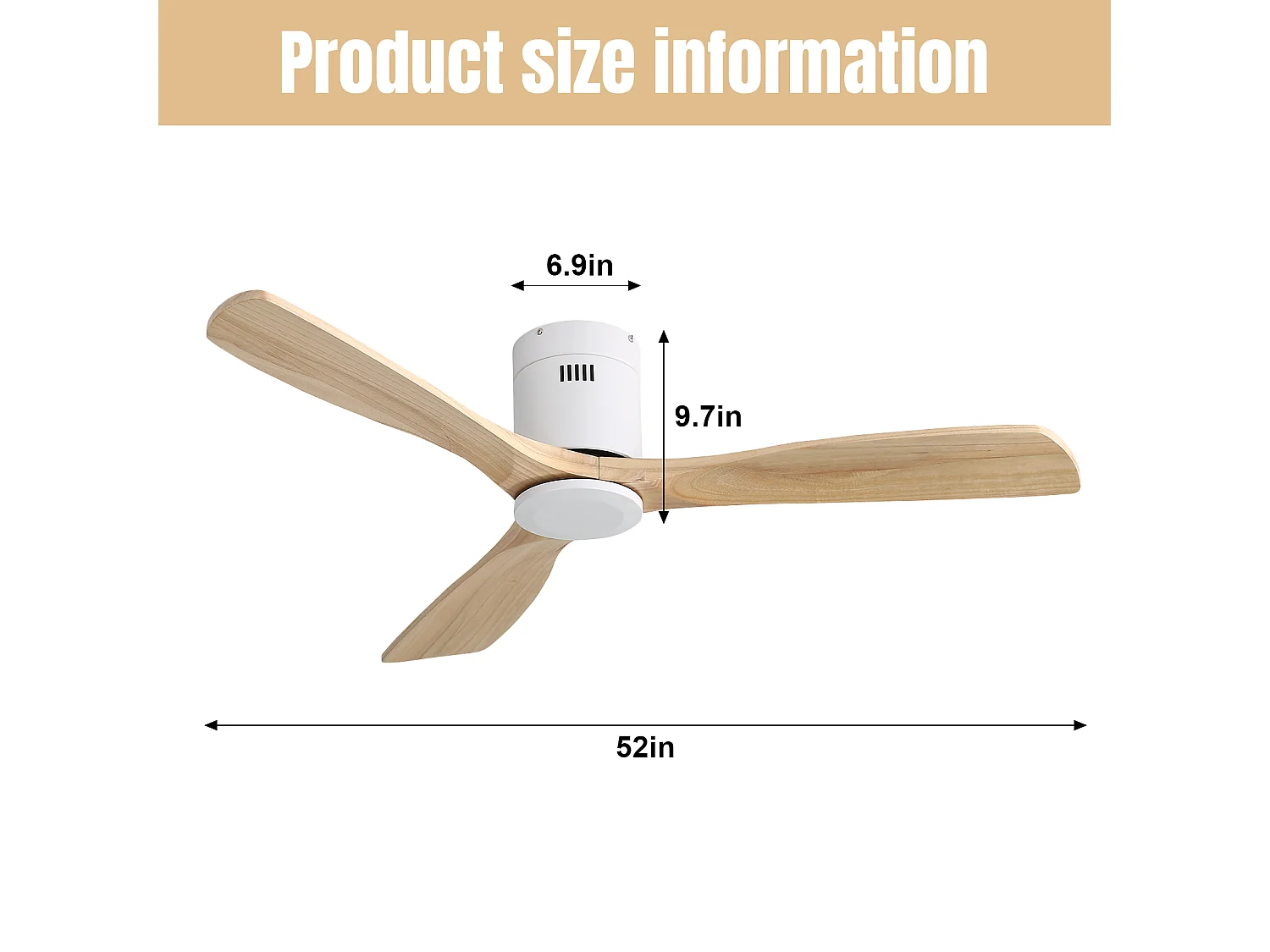 Ventilateur de Plafond Design 132cm, 52" - Moteur DC Ultra-Silencieux, 3 Pales en Bois Massif, Télécommande, Réversible, Sans Lumière - Blanc