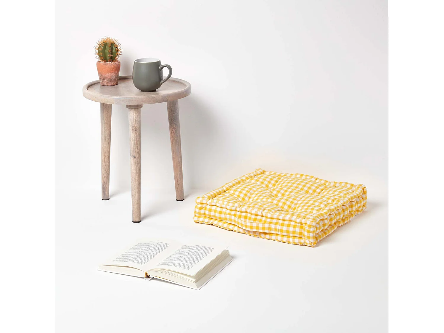 Homescapes 100% Cotton Gingham Floor Cushion, 50 x 50 x 10 cm, Yellow, Block Check, OEKO-TEX Certified, Handcrafted, 20 x 20 x 4"