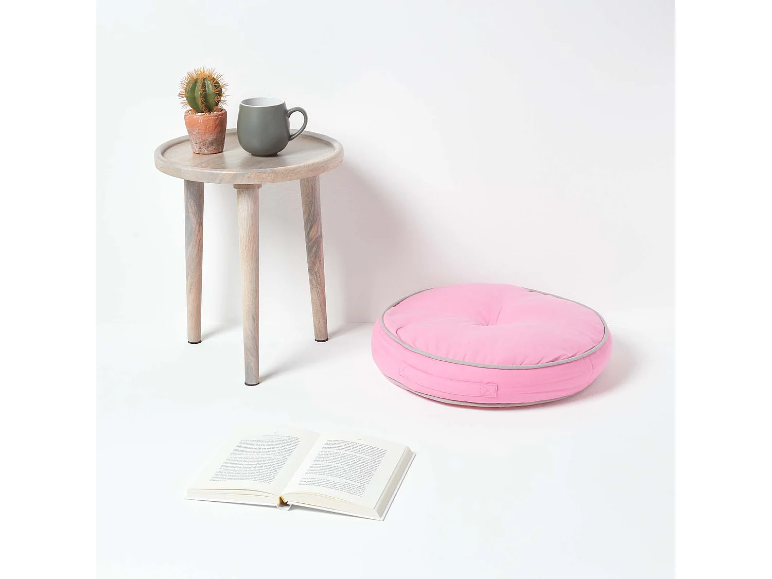 Homescapes 100% Cotton Round Floor Cushion, 43 x 7 cm, Pink, Grey, OEKO-TEX Certified, Handcrafted, 17 x 3"