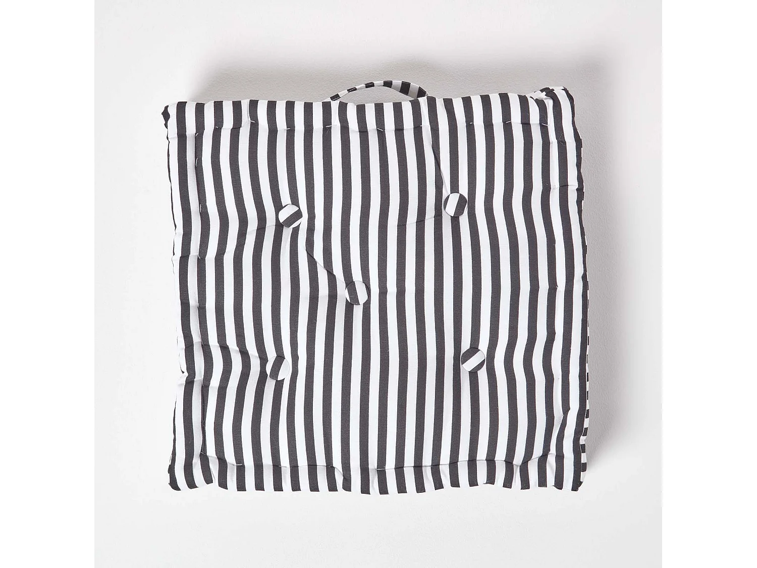 Homescapes 100% Cotton Stripe Floor Cushion, 40 x 40 x 8 cm, Black, OEKO-TEX Certified, Handcrafted, 16 x 16 x 3"