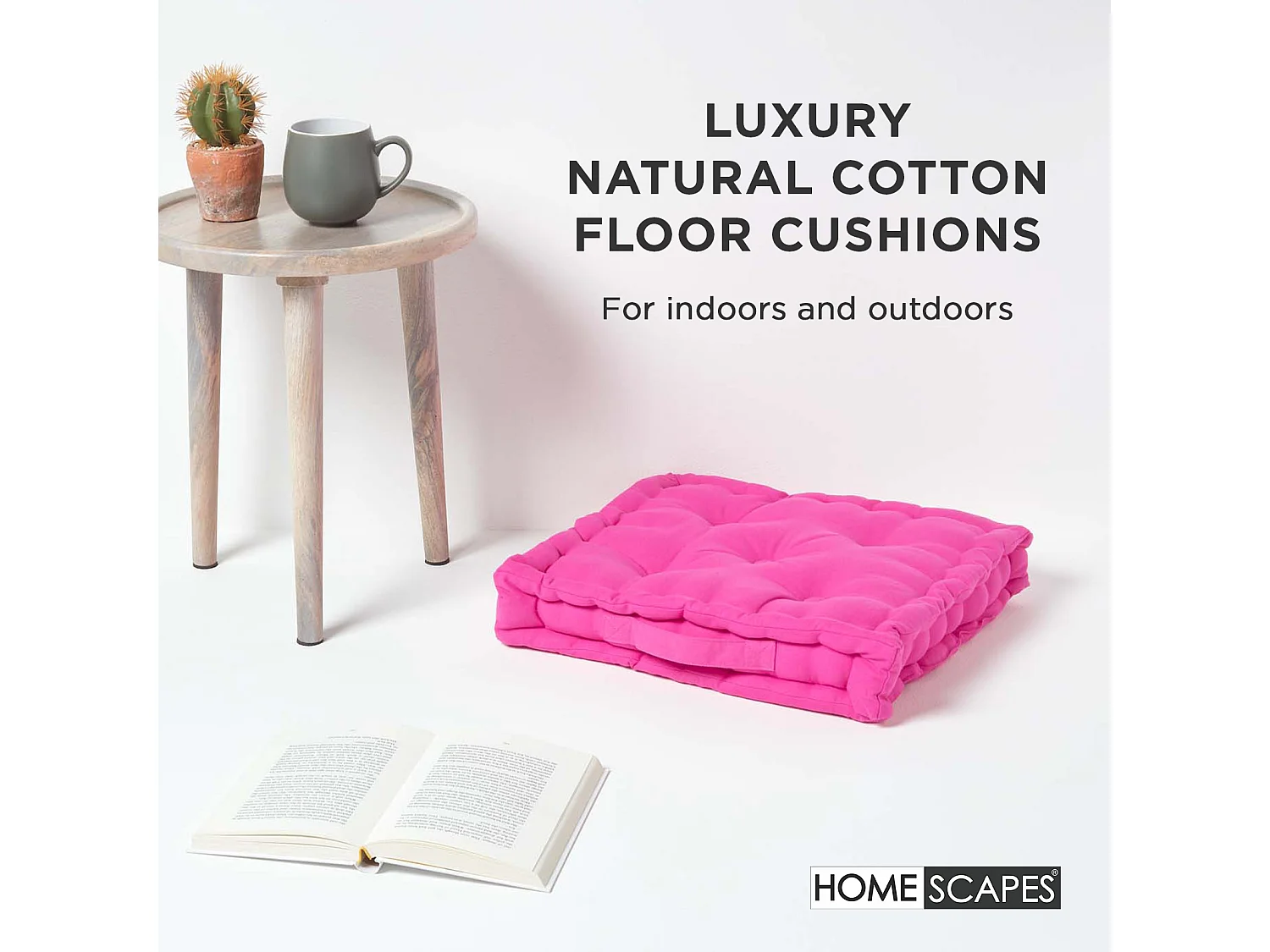 Homescapes 100% Cotton Plain Floor Cushion, 40 x 40 x 8 cm, Hot Pink, OEKO-TEX Certified, Handcrafted, 16 x 16 x 3"