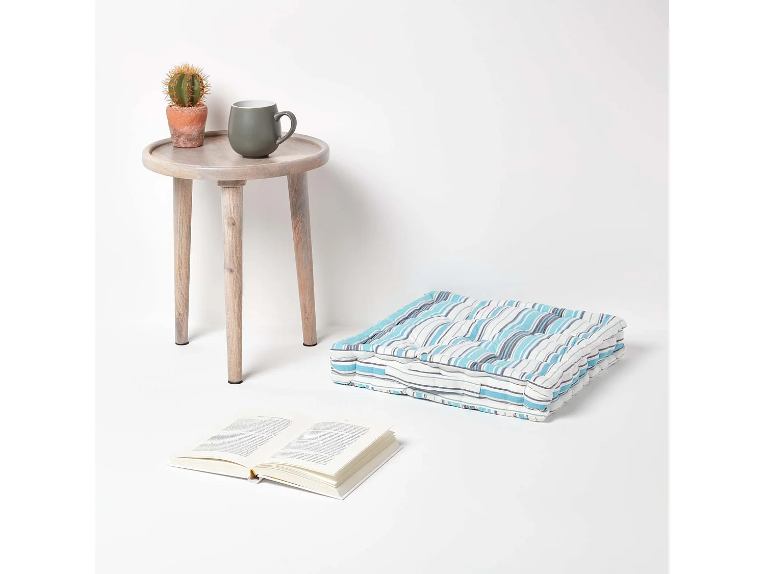 Homescapes 100% Cotton Stripe Floor Cushion, 40 x 40 x 8 cm, Blue, OEKO-TEX Certified, Handcrafted, 16 x 16 x 3"