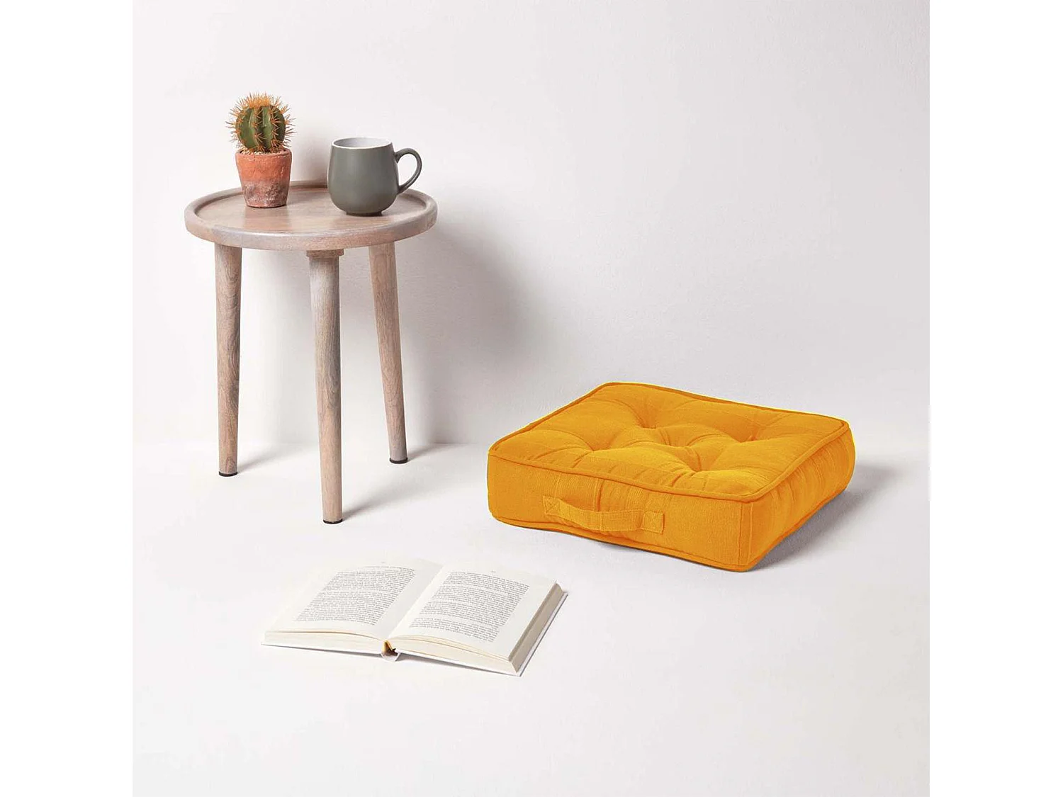 Homescapes 100% Cotton Rajput Floor Cushion, 40 x 40 x 8 cm, Mustard Yellow, OEKO-TEX Certified, Handcrafted, 16 x 16 x 3"