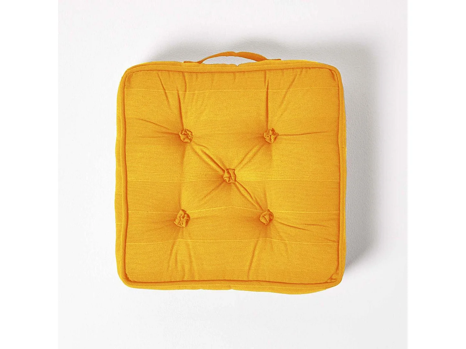 Homescapes 100% Cotton Rajput Floor Cushion, 40 x 40 x 8 cm, Mustard Yellow, OEKO-TEX Certified, Handcrafted, 16 x 16 x 3"