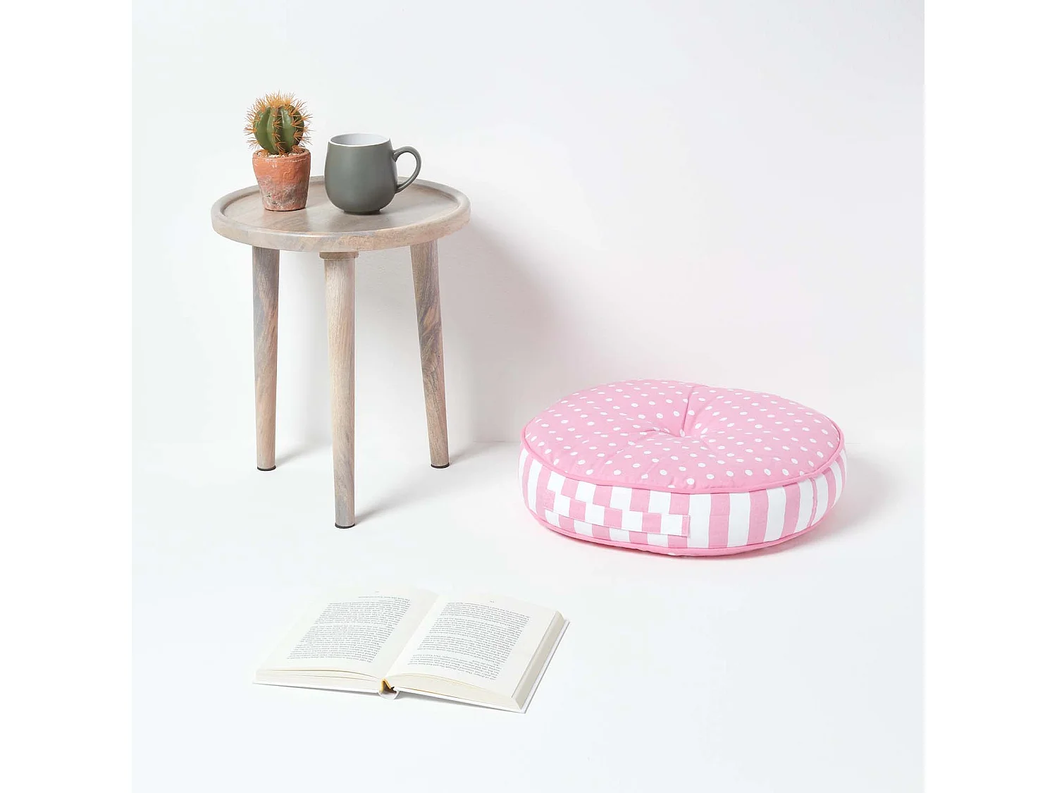 Homescapes 100% Cotton Stripe Round Floor Cushion, 43 x 7 cm, Pink, OEKO-TEX Certified, Handcrafted, 17 x 3"
