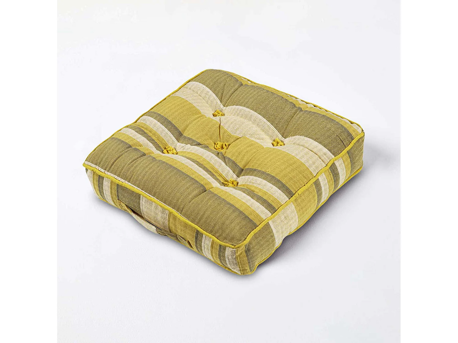 Homescapes 100% Cotton Morocco Floor Cushion, 40 x 40 x 8 cm, Yellow, Stripe, OEKO-TEX Certified, Handcrafted, 16 x 16 x 3"