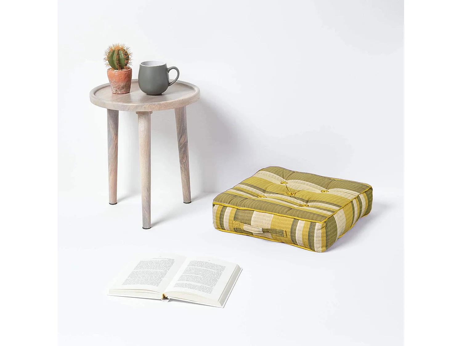 Homescapes 100% Cotton Morocco Floor Cushion, 40 x 40 x 8 cm, Yellow, Stripe, OEKO-TEX Certified, Handcrafted, 16 x 16 x 3"