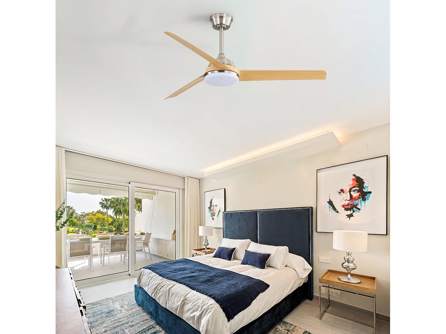 Ventilateur de Plafond avec Lumière LED 132cm, 52" - Moteur DC Ultra-Silencieux, 3 Pales ABS Aspect Bois Clair, Télécommande, Réversible - Naturel