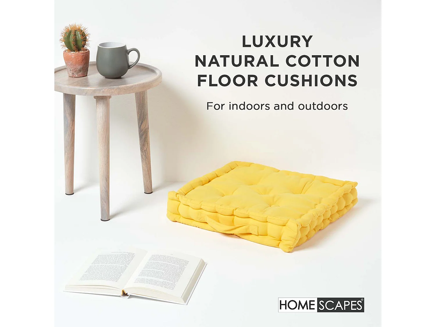 Homescapes 100% Cotton Plain Floor Cushion, 50 x 50 x 10 cm, Yellow, OEKO-TEX Certified, Handcrafted, 20 x 20 x 4"