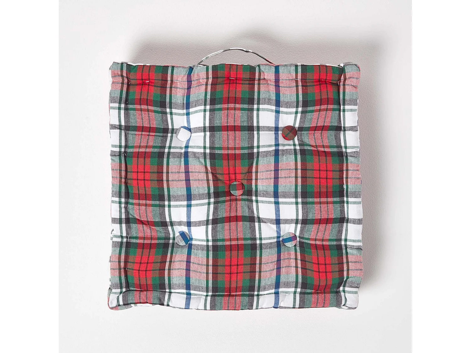 Homescapes 100% Cotton Tartan Floor Cushion, 40 x 40 x 8 cm, Red, OEKO-TEX Certified, Handcrafted, 16 x 16 x 3"