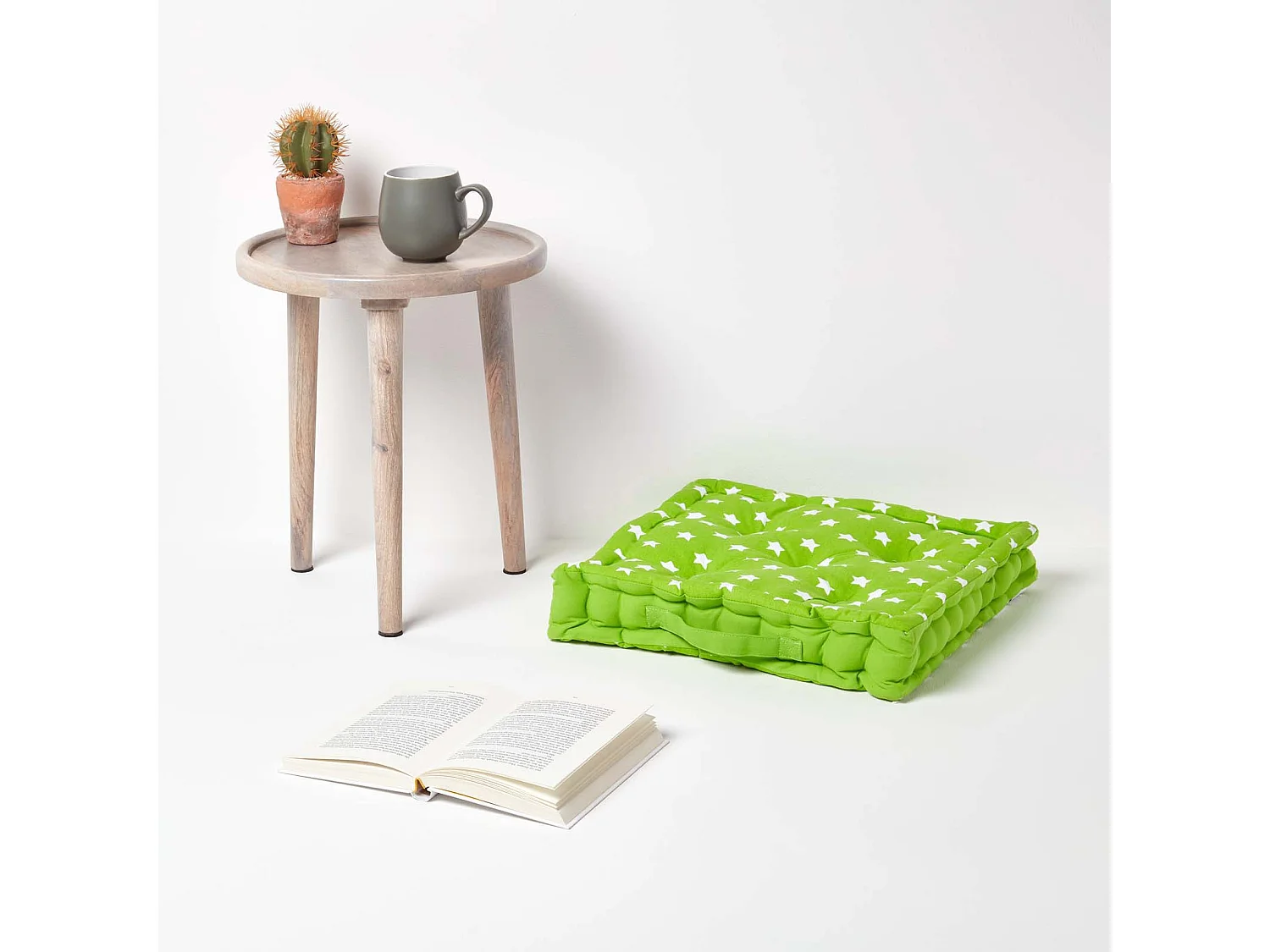 Homescapes 100% Cotton Stars Floor Cushion, 40 x 40 x 8 cm, Green, OEKO-TEX Certified, Handcrafted, 16 x 16 x 3"