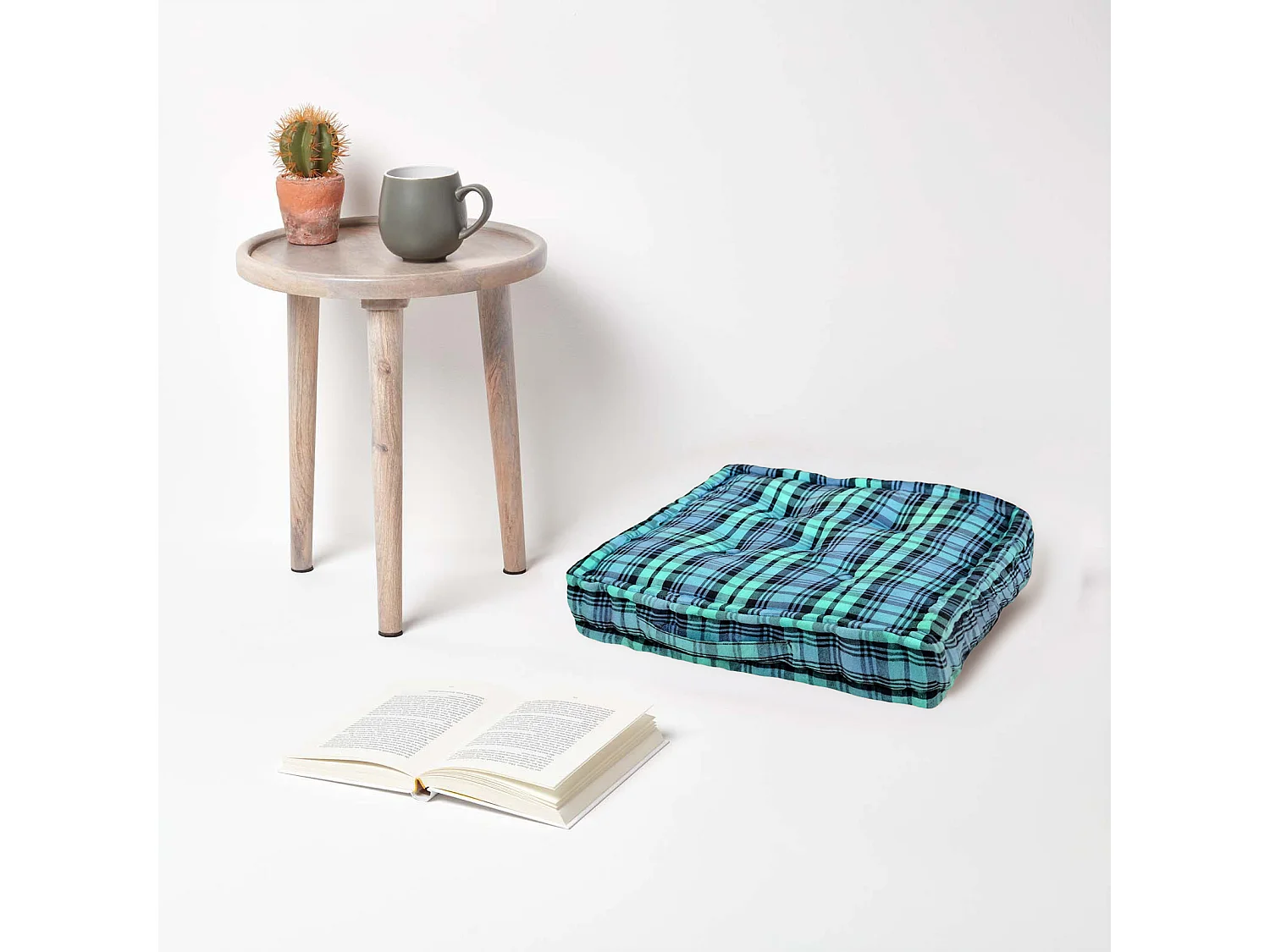 Homescapes 100% Cotton Tartan Floor Cushion, 40 x 40 x 8 cm, Blue, OEKO-TEX Certified, Handcrafted, 16 x 16 x 3"