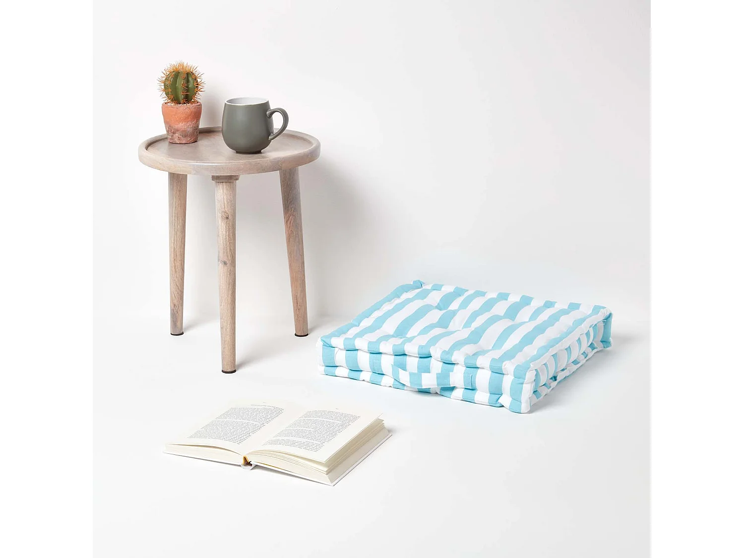 Homescapes 100% Cotton Stripe Floor Cushion, 50 x 50 x 10 cm, Blue, OEKO-TEX Certified, Handcrafted, 20 x 20 x 4"