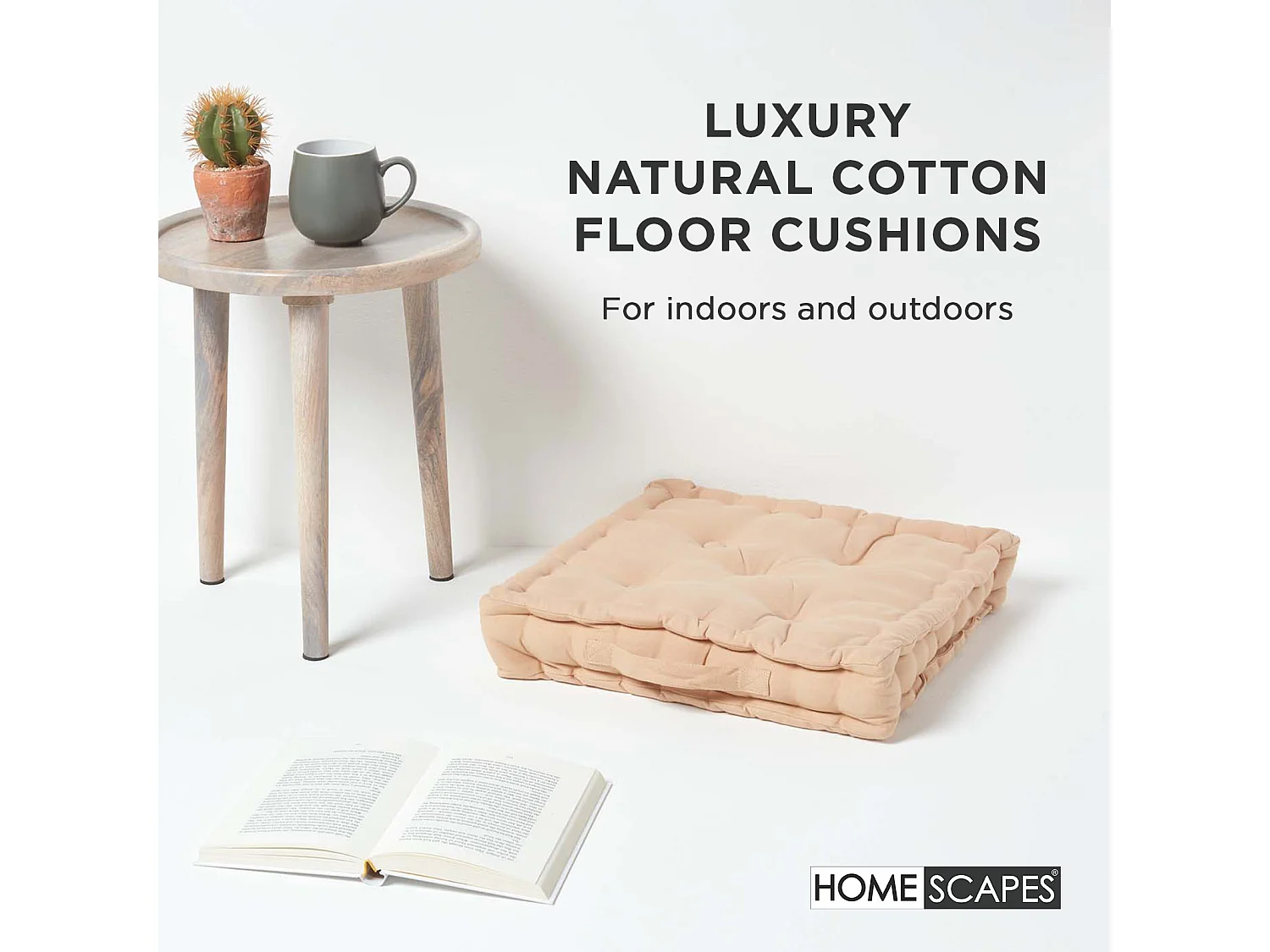 Homescapes 100% Cotton Plain Floor Cushion, 50 x 50 x 10 cm, Natural, OEKO-TEX Certified, Handcrafted, 20 x 20 x 4"