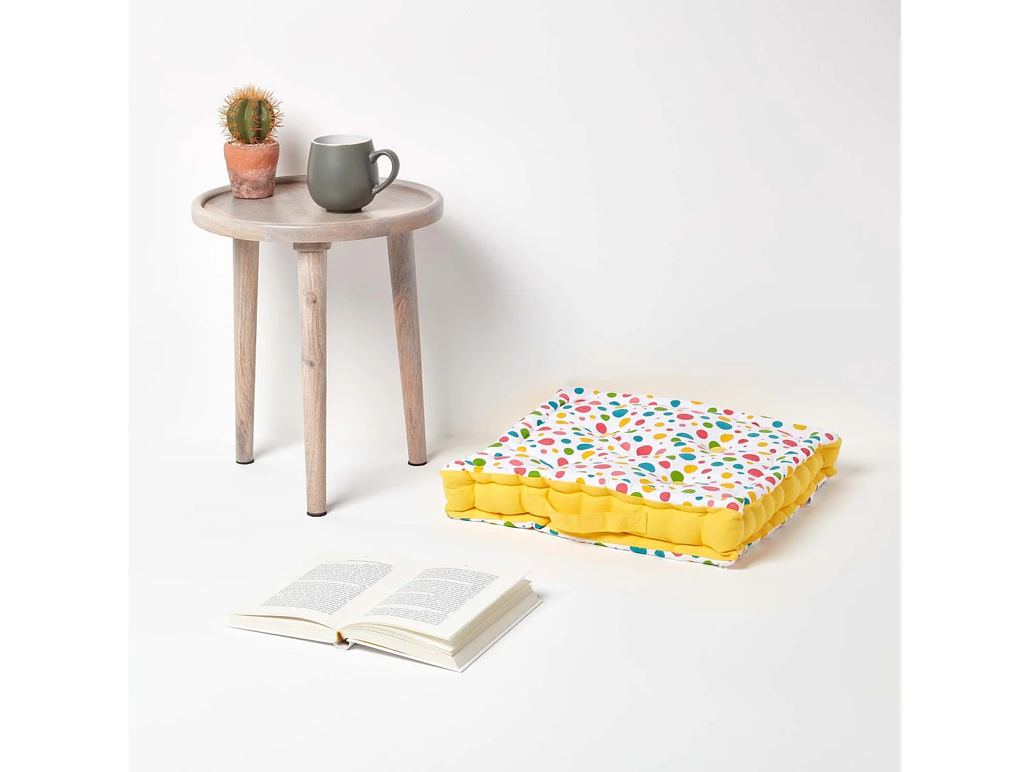 Homescapes 100% Cotton Polka Dot Floor Cushion, 50 x 50 x 10 cm, Multi Colour, OEKO-TEX Certified, Handcrafted, 20 x 20 x 4"