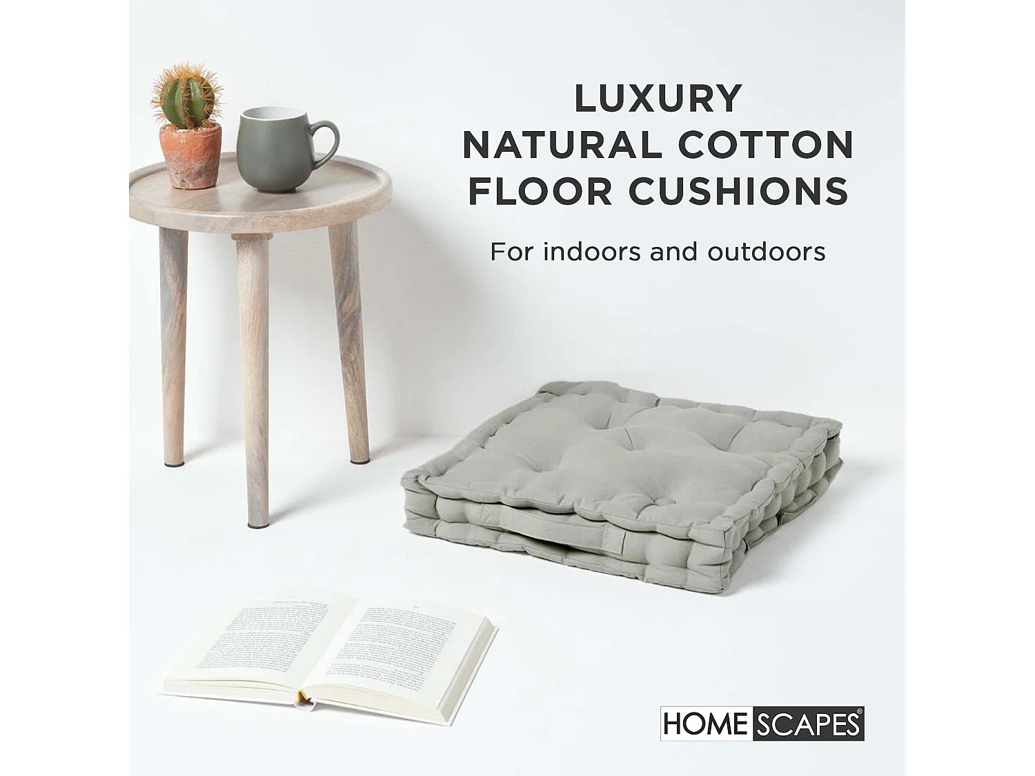 Homescapes 100% Cotton Plain Floor Cushion, 40 x 40 x 8 cm, Grey, OEKO-TEX Certified, Handcrafted, 16 x 16 x 3"