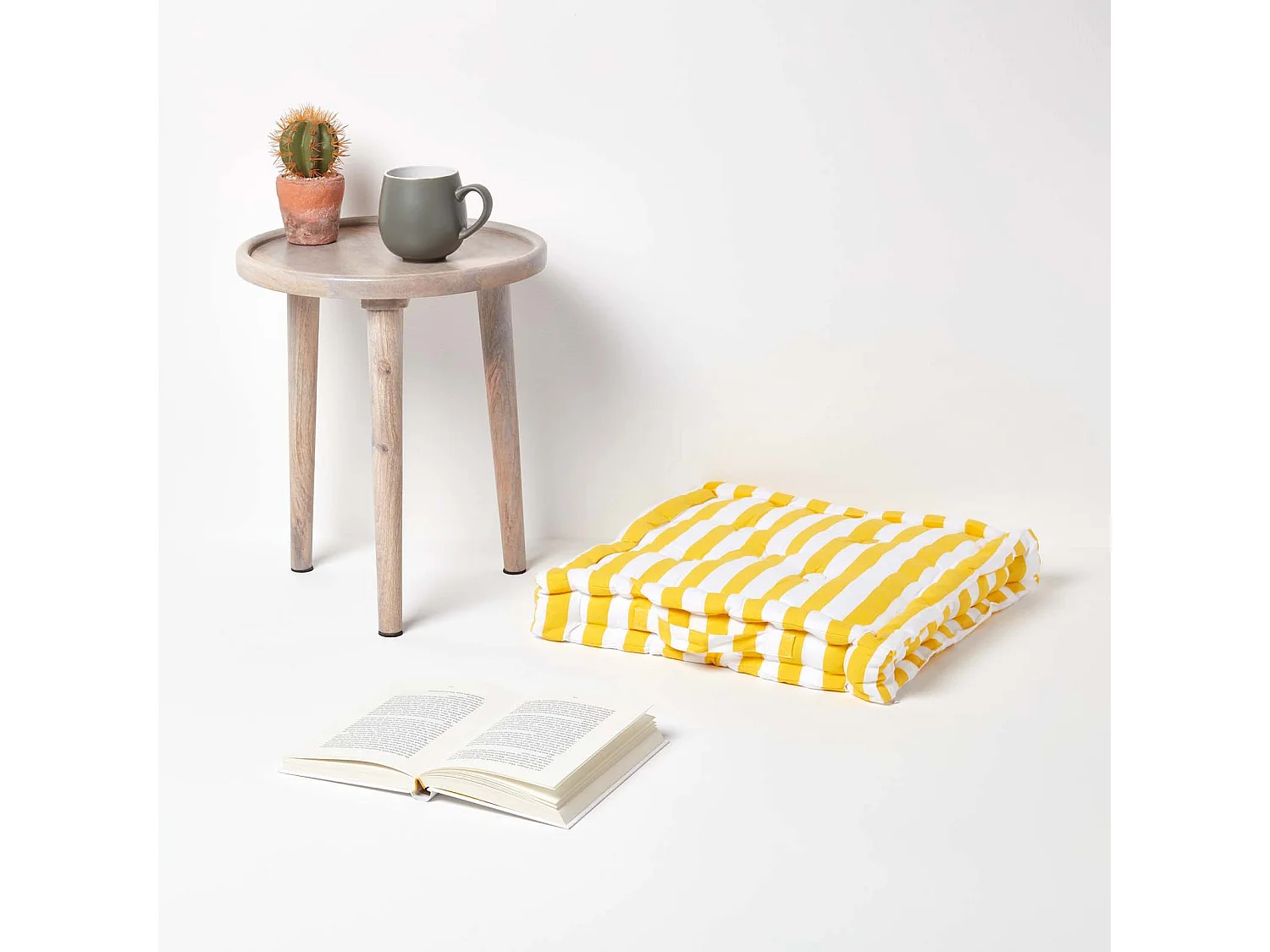 Homescapes 100% Cotton Stripe Floor Cushion, 40 x 40 x 8 cm, Yellow, OEKO-TEX Certified, Handcrafted, 16 x 16 x 3"