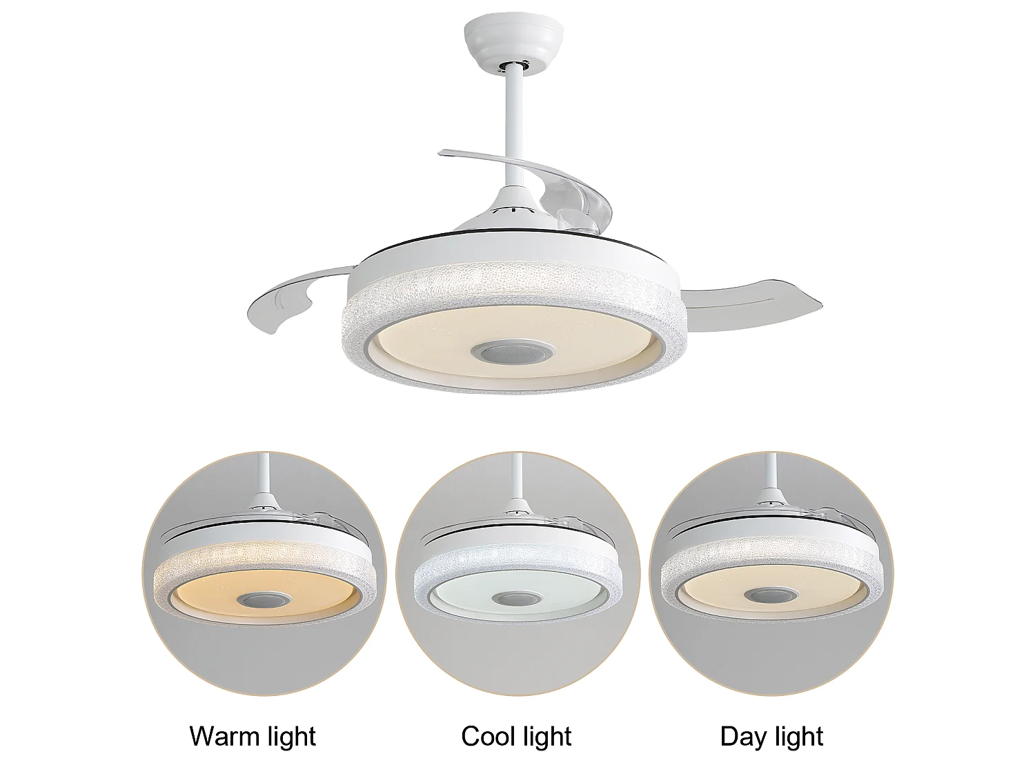 Ventilateur de Plafond avec Lumière LED RGB 107cm, 42" - Musique & App, Moteur DC Silencieux, 3 Pales ABS, Télécommande, Réversible - Blanc