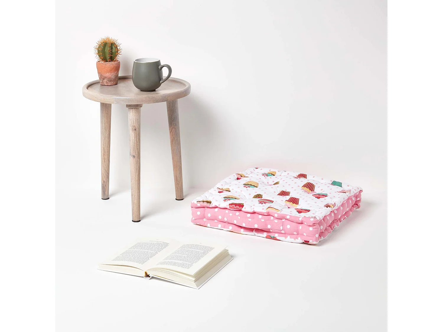 Homescapes 100% Cotton Cupcake Floor Cushion, 50 x 50 x 10 cm, Pink, OEKO-TEX Certified, Handcrafted, 20 x 20 x 4"