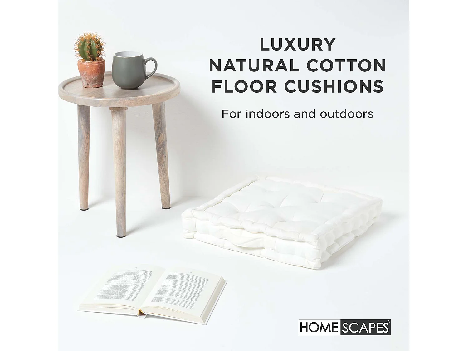 Homescapes 100% Cotton Plain Floor Cushion, 40 x 40 x 8 cm, White, OEKO-TEX Certified, Handcrafted, 16 x 16 x 3"