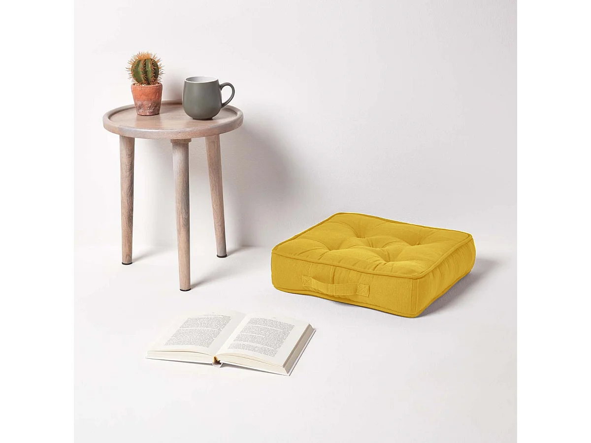 Homescapes 100% Cotton Rajput Floor Cushion, 40 x 40 x 8 cm, Yellow, OEKO-TEX Certified, Handcrafted, 16 x 16 x 3"